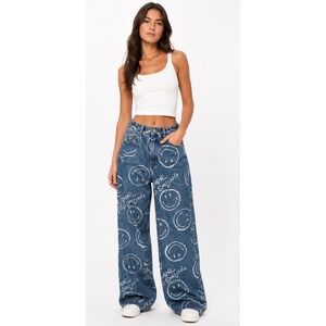 Smiley Originals Never Stop Smiling Wide Leg Graphic Jeans Blue Medium Wash